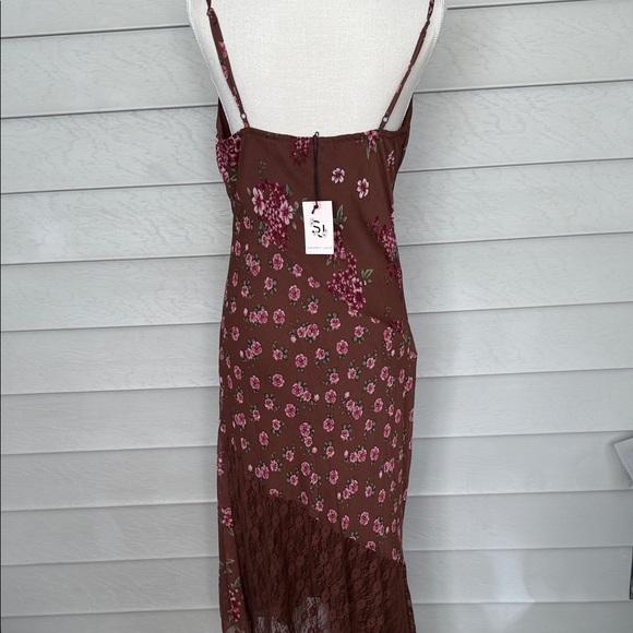 Floral Brown Asymmetrical bias cut Maxi Dress size L - Picture 4 of 7